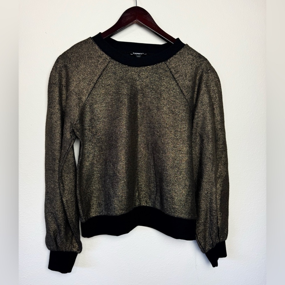 Express Womens Gold & Black Sweater Long Sleeve Pullover Metallic Crew Neck